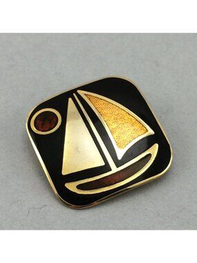 Vintage De Passille Sylvestre Sail Boat & Sun Square Enamel Brooch Pin Signed